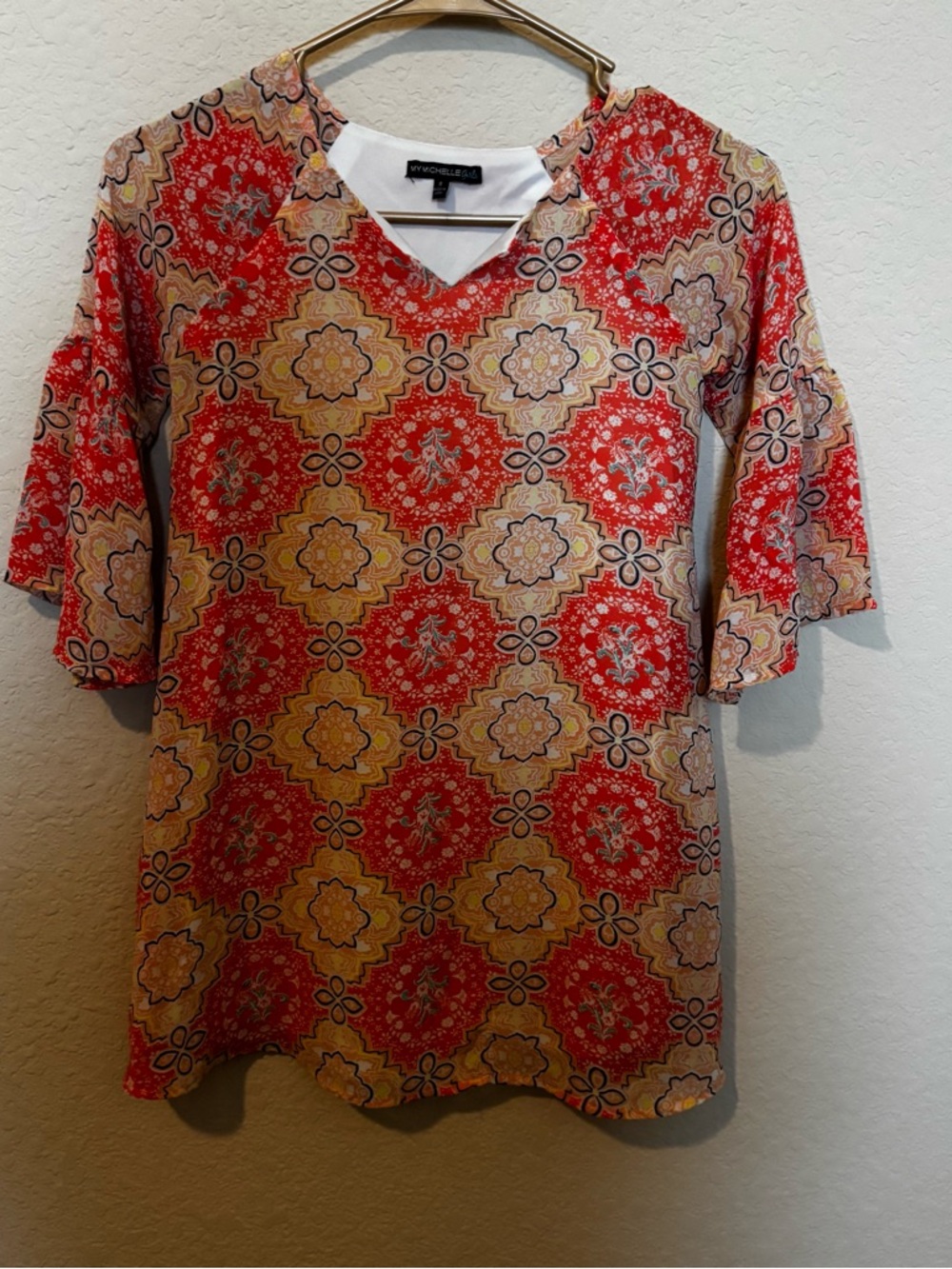 My Michelle Girls Bohemian Red Pattern Tunic Top Bell Sleeves Size 8
